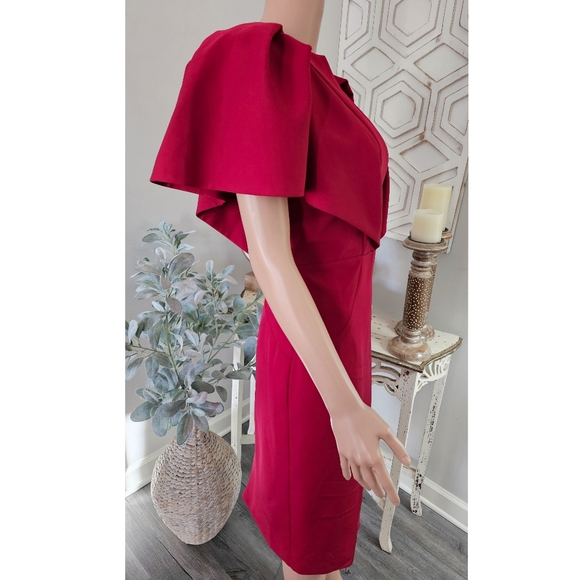 TS Couture Deep Red Ruffled Angel Sleeve Knee Length Sheath Dress - Picture 3 of 9